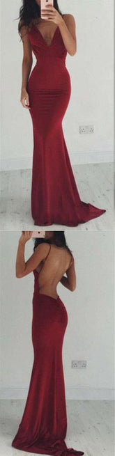 Burgundy Backless Spaghetti Straps V-neck Long Prom Dresses, Evening Dresses